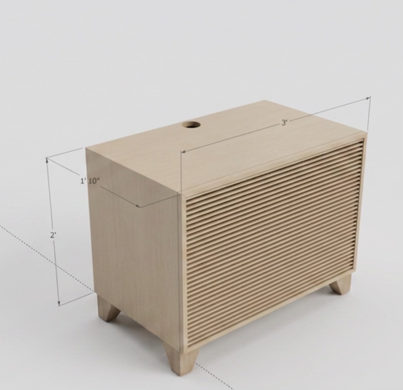 3D design model of a white oak cabinet with a horizontally slatted front, dimensioned 3 feet wide, 1 foot 10 inches deep and 2 feet tall